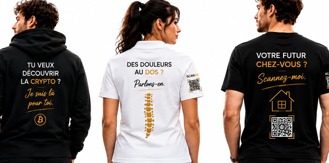 Trois entrepreneurs portant des vêtements connectés ScanWear avec QR codes au dos